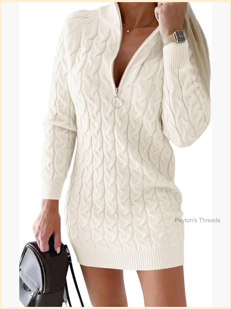 Cable Knit Sweater Dress Half Zip Long Sleeve Bodycon Mock Neck Chunky Mini